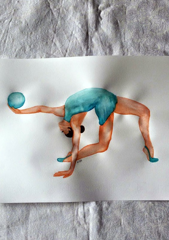 disegno ad acquarello ginnasta con palla azzurra