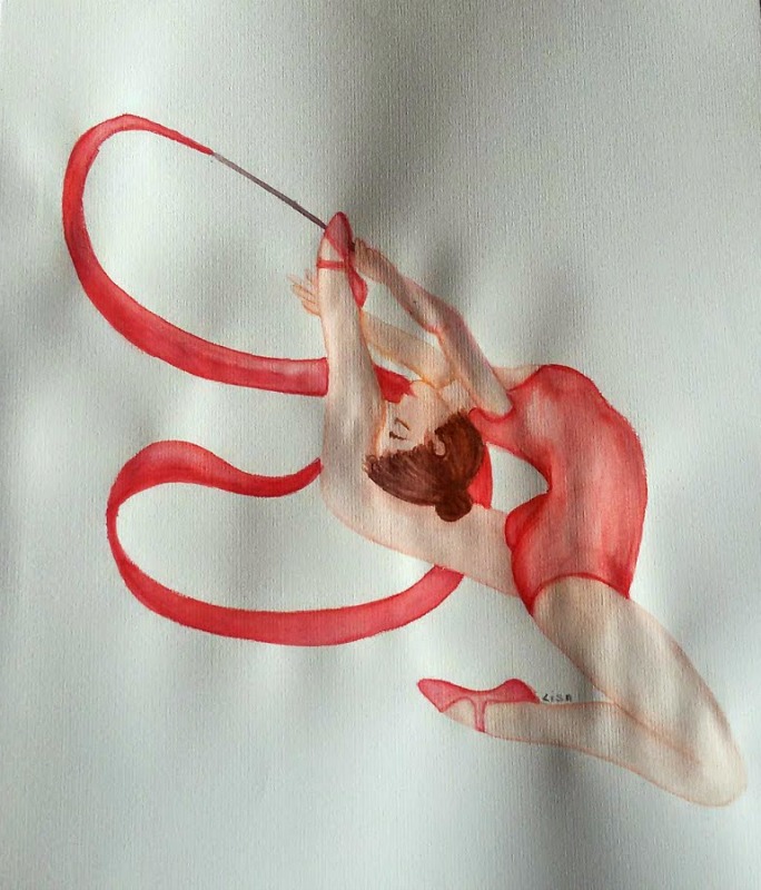 disegno ad acquarello ginnasta con nastro rosso
