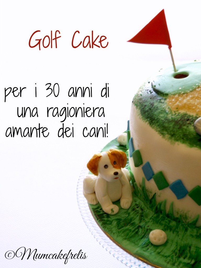 torta golf per 30 compleanno con cane e calcolatrice in pasta di zucchero