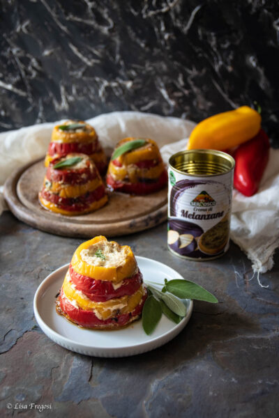 timballo di cernia, peperoni e crema di melanzane